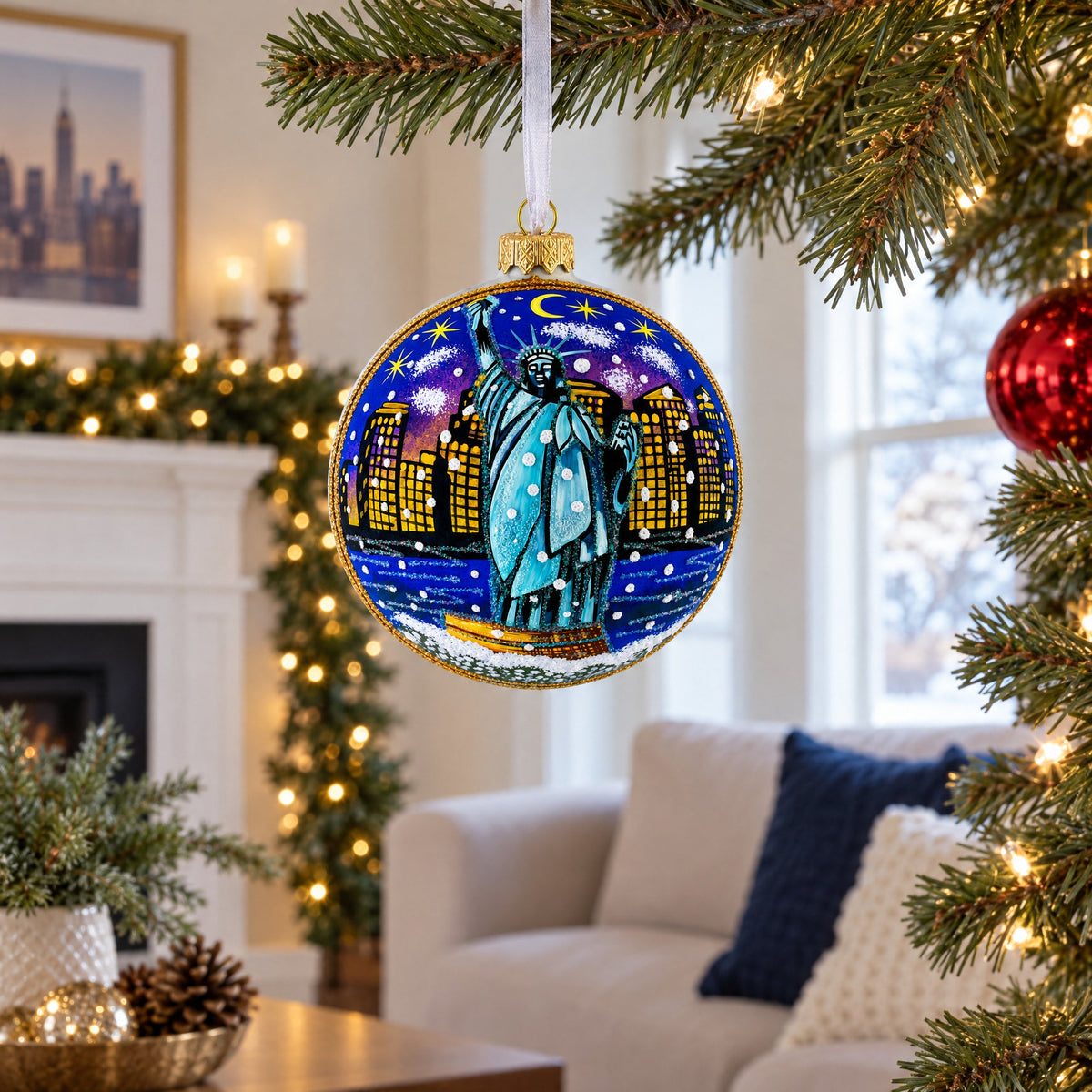 Statue of Liberty at Night, New York Glass Ball Christmas Ornament 4 Inches
