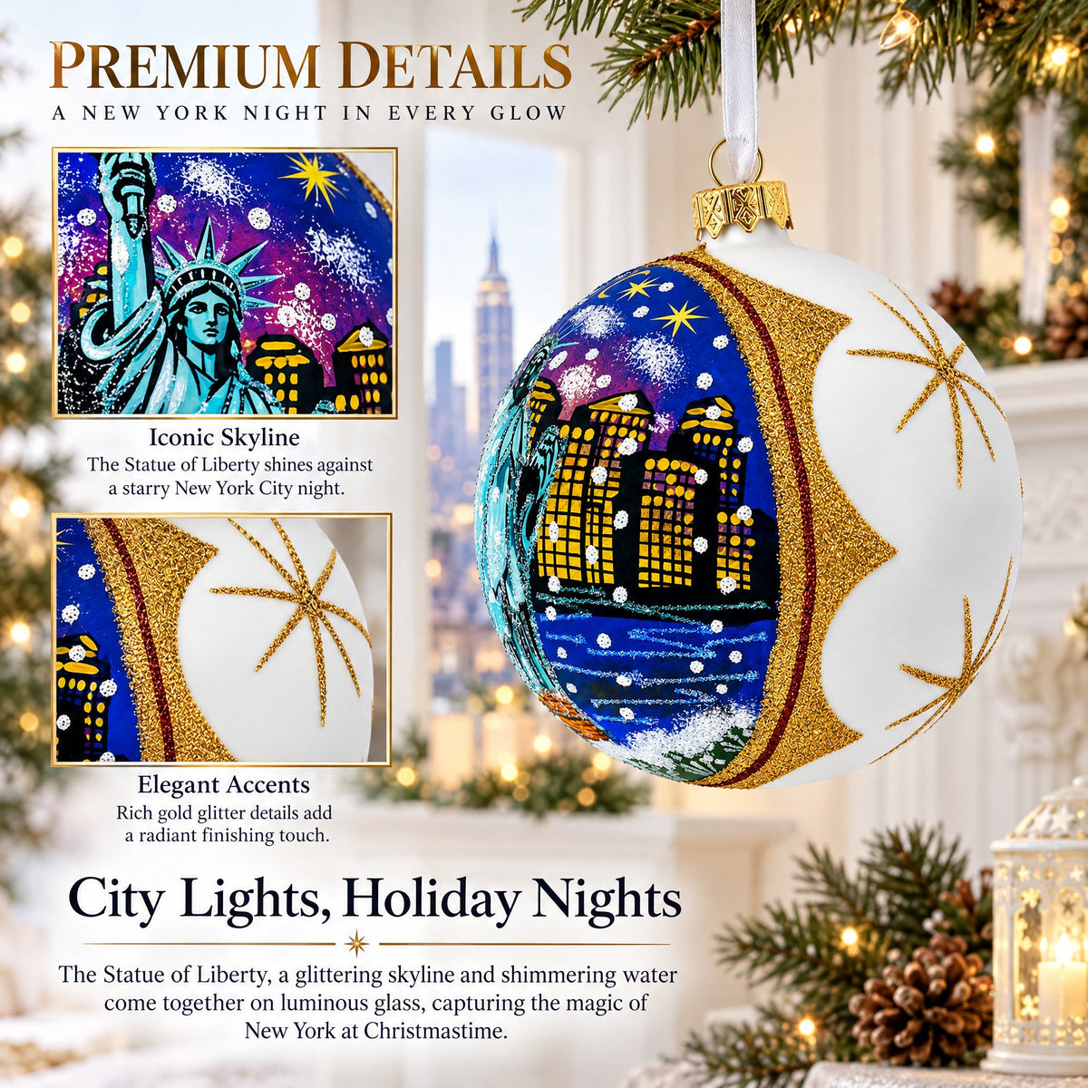 Statue of Liberty at Night, New York Glass Ball Christmas Ornament 4 Inches