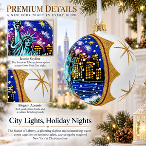 Statue of Liberty at Night, New York Glass Ball Christmas Ornament 4 Inches