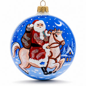 Santa Riding Horse Laden with Gifts Glass Ball Christmas Ornament3.25 Inches