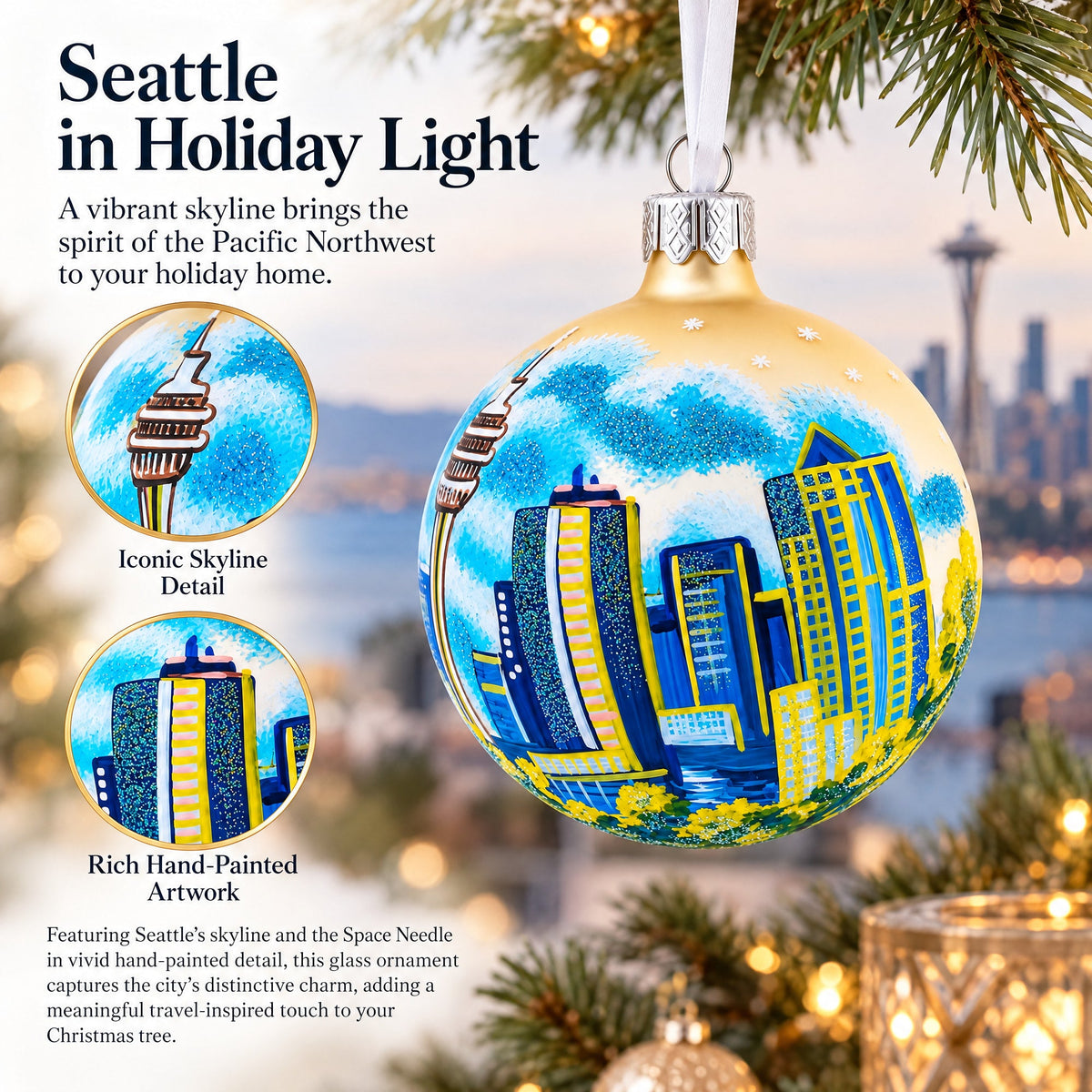 Seattle, Washington Glass Ball Christmas Ornament 3.25 Inches