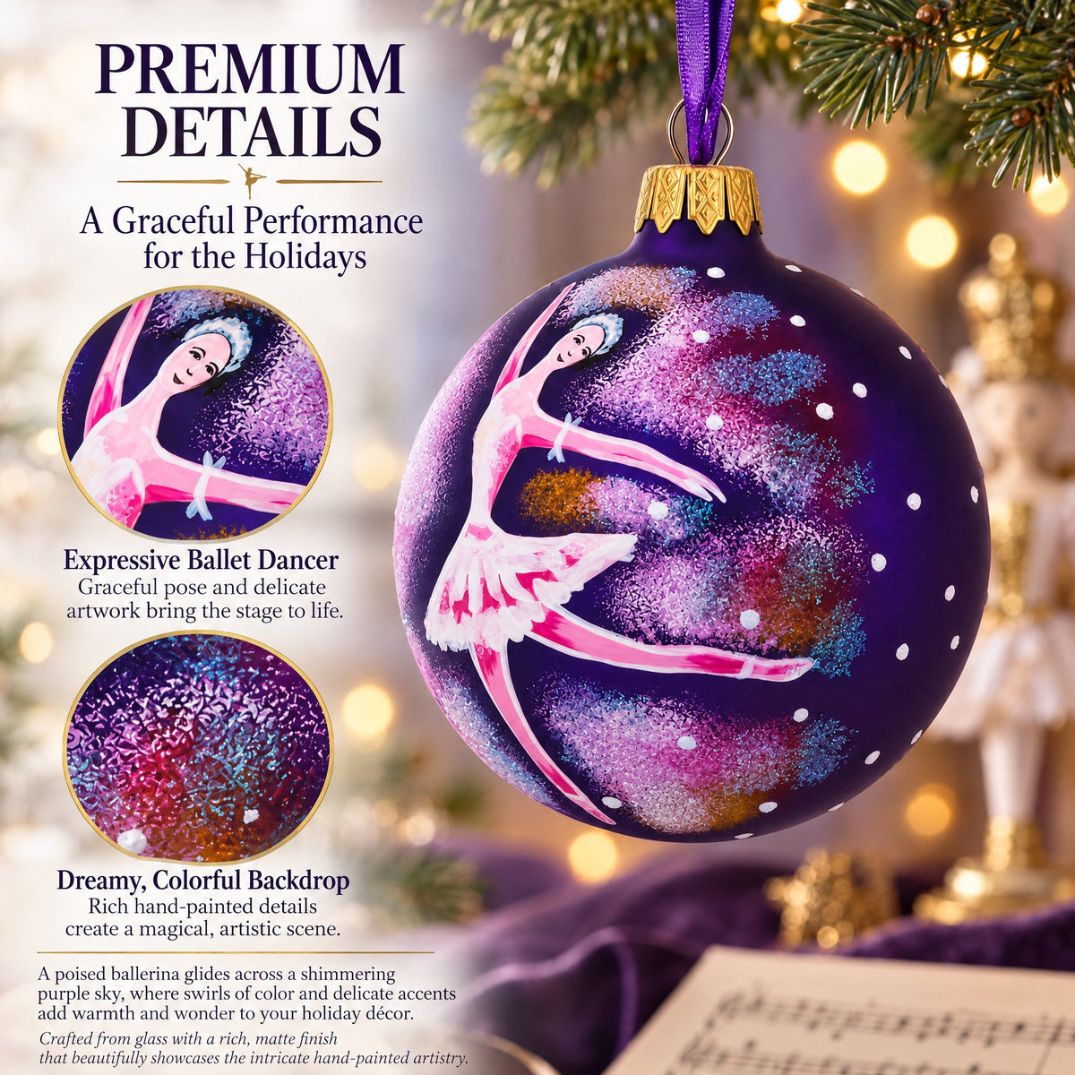 Ballet Dancer on Purple Glass Ball Christmas Ornament 3.25 Inches