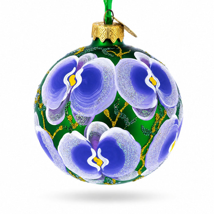 Blue Orchids on Verdant Green Glass Ball Christmas Ornament 3.25 Inches