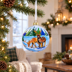 Majestic Deer in Winter Forest Glass Ball Christmas Ornament 4 Inches