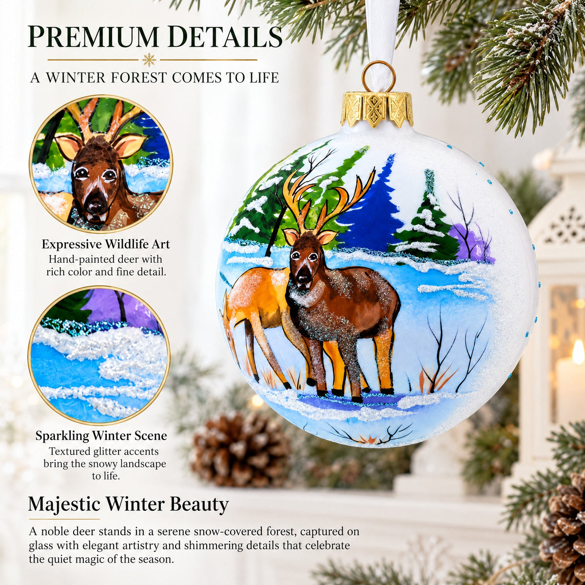 Majestic Deer in Winter Forest Glass Ball Christmas Ornament 4 Inches