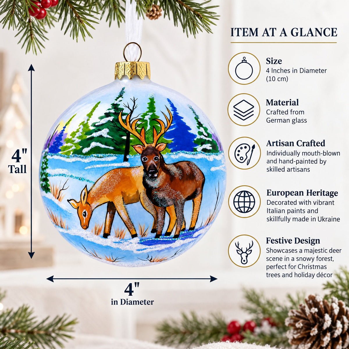 Majestic Deer in Winter Forest Glass Ball Christmas Ornament 4 Inches