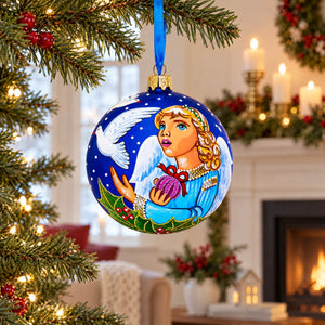 Angel with Peace Pigeons Glass Ball Christmas Ornament 4 Inches