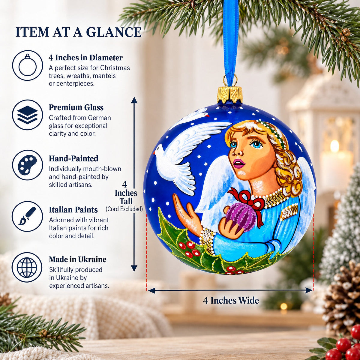Angel with Peace Pigeons Glass Ball Christmas Ornament 4 Inches