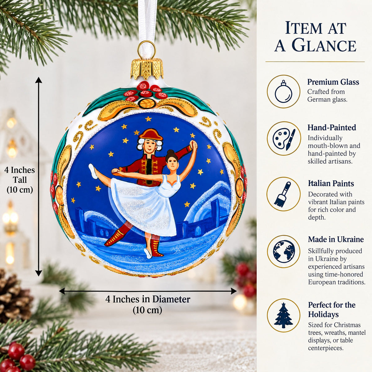 Ballet Dancers Glass Ball Christmas Ornament 4 Inches