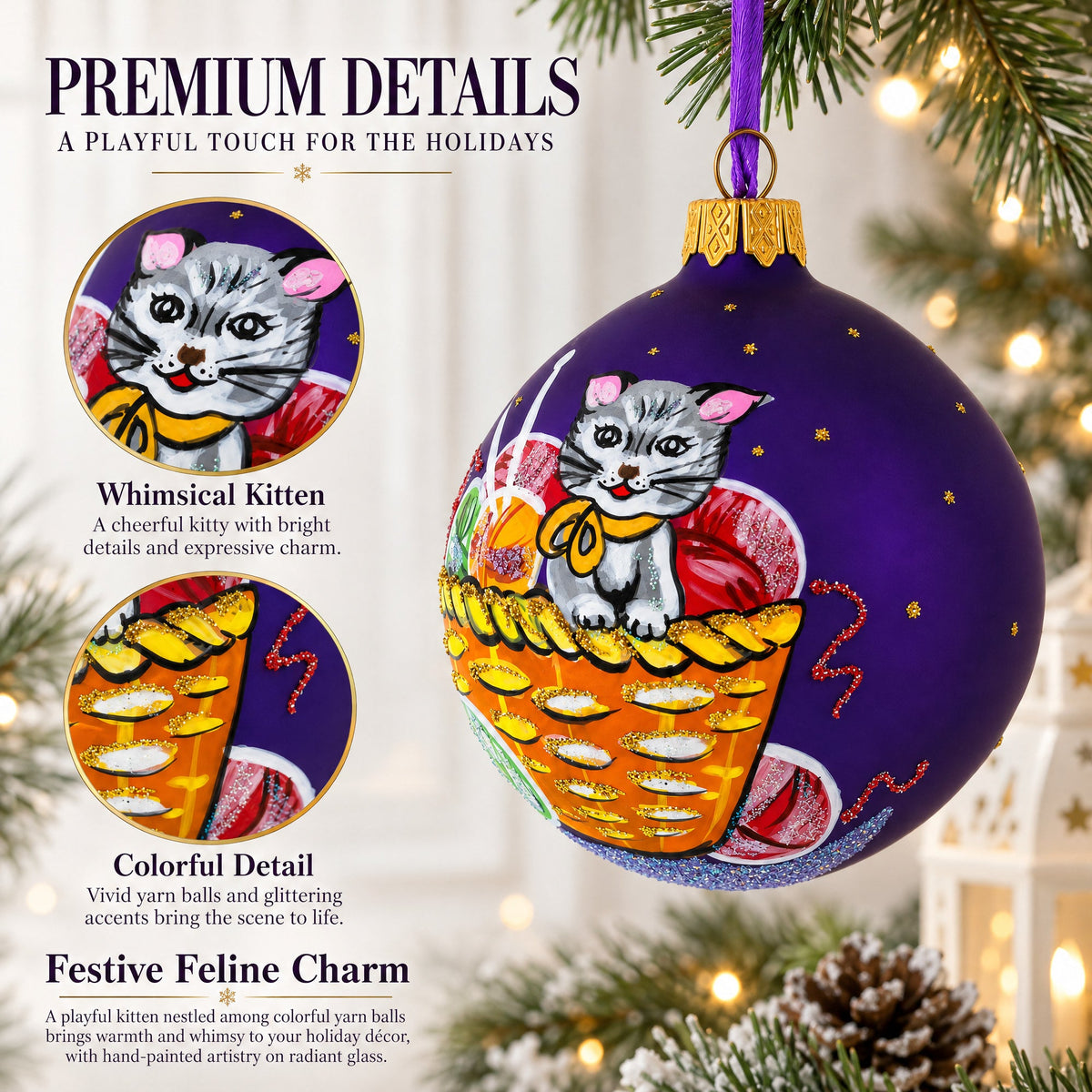 Kitten with Yarn Balls Glass Christmas Ornament 3.25 Inches