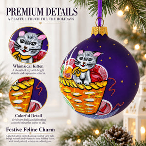 Kitten with Yarn Balls Glass Christmas Ornament 3.25 Inches