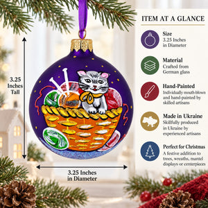 Kitten with Yarn Balls Glass Christmas Ornament 3.25 Inches