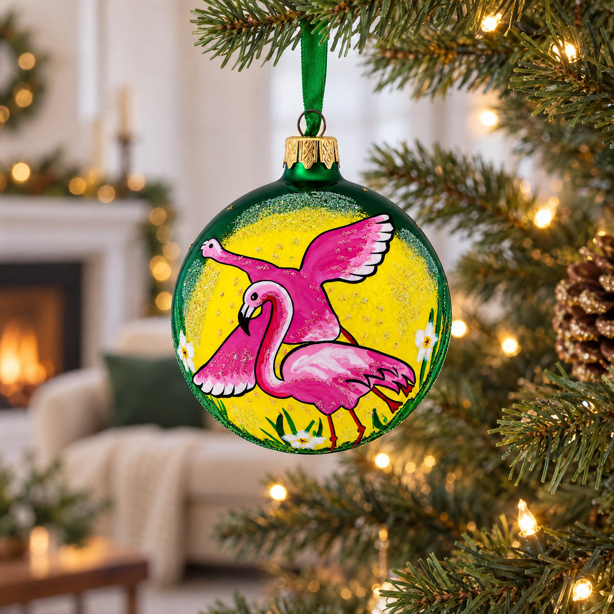 Pink Flamingos Glass Christmas Ornament 3.25 Inches