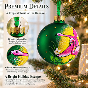 Pink Flamingos Glass Christmas Ornament 3.25 Inches