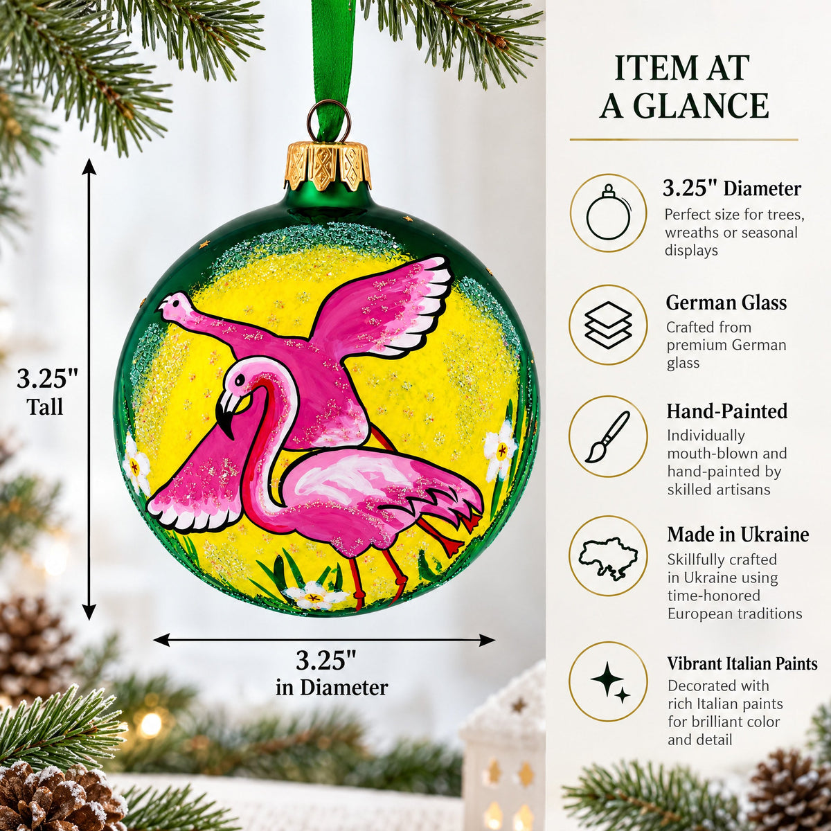 Pink Flamingos Glass Christmas Ornament 3.25 Inches