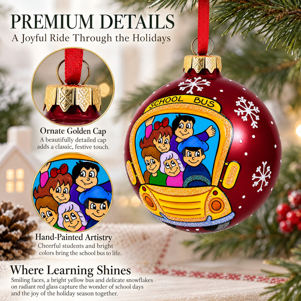 Yellow School Bus Glass Christmas Ornament 3.25 Inches