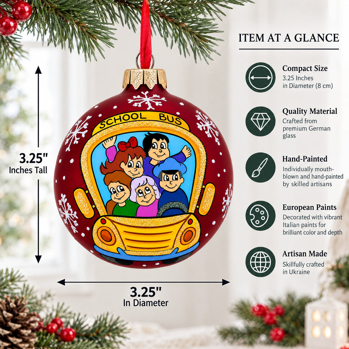 Yellow School Bus Glass Christmas Ornament 3.25 Inches