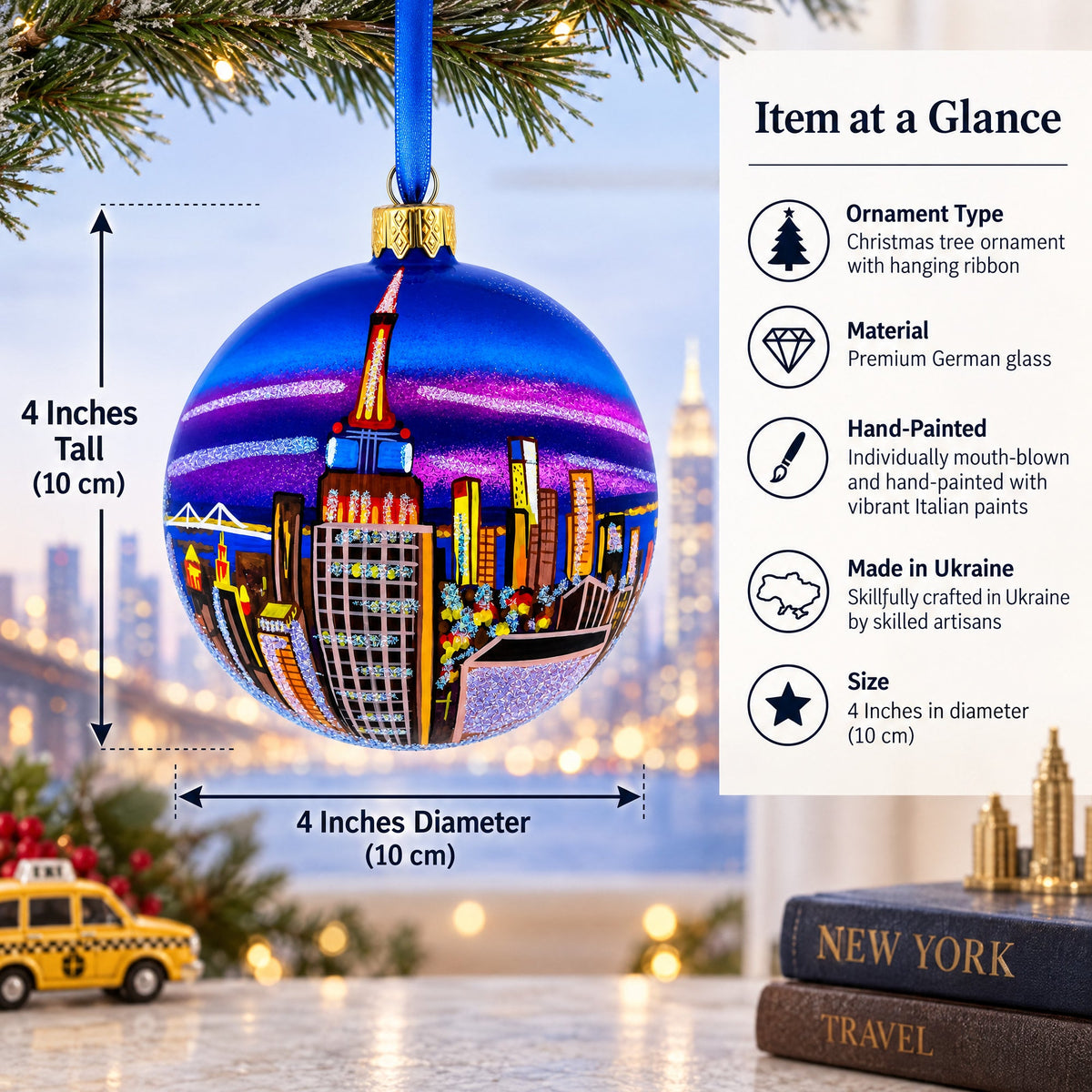 New York City at Night Glass Ball Christmas Ornament 4 Inches