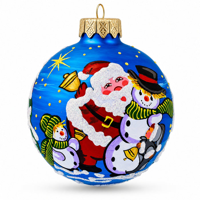 Santa and Two Snowmen Glass Ball Christmas Ornament 3.25 Inches
