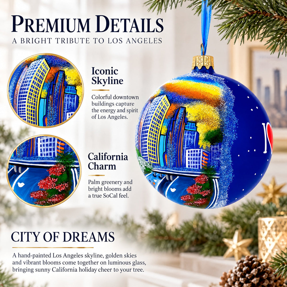 I Love Los Angeles, California Glass Ball Christmas Ornament 4 Inches