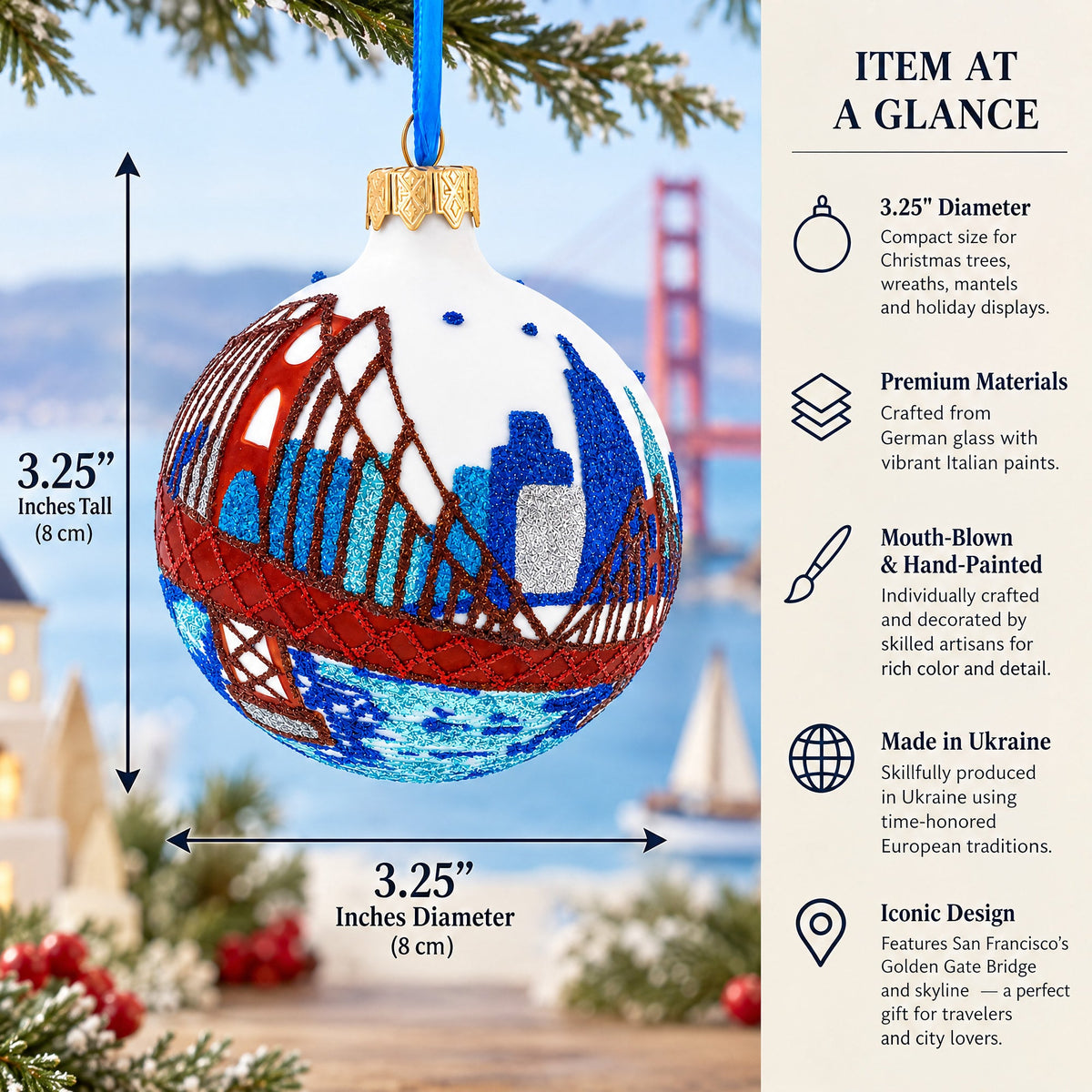 San Francisco, California Glass Christmas Ornament 3.25 Inches