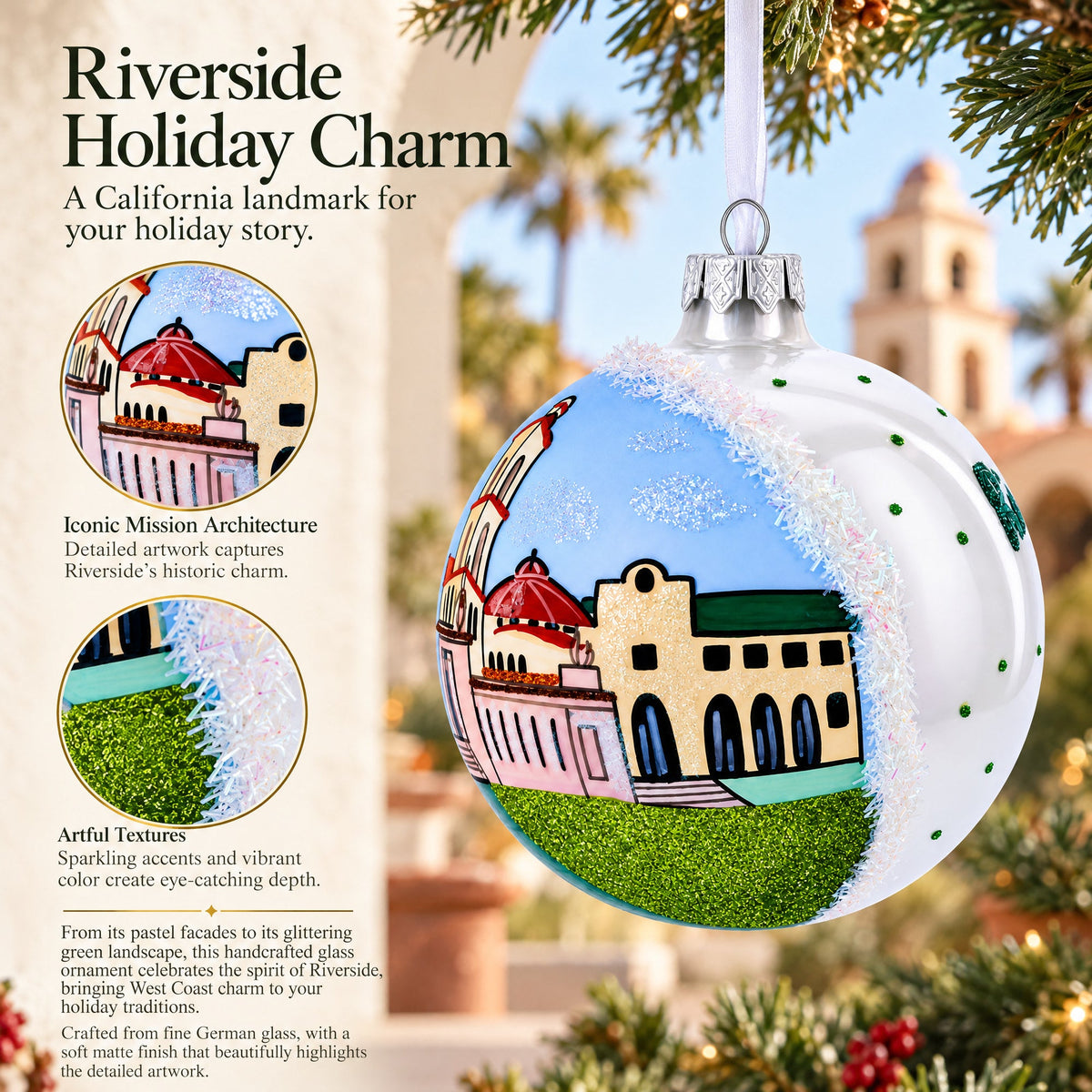 Riverside, California Glass Ball Christmas Ornament 4 Inches