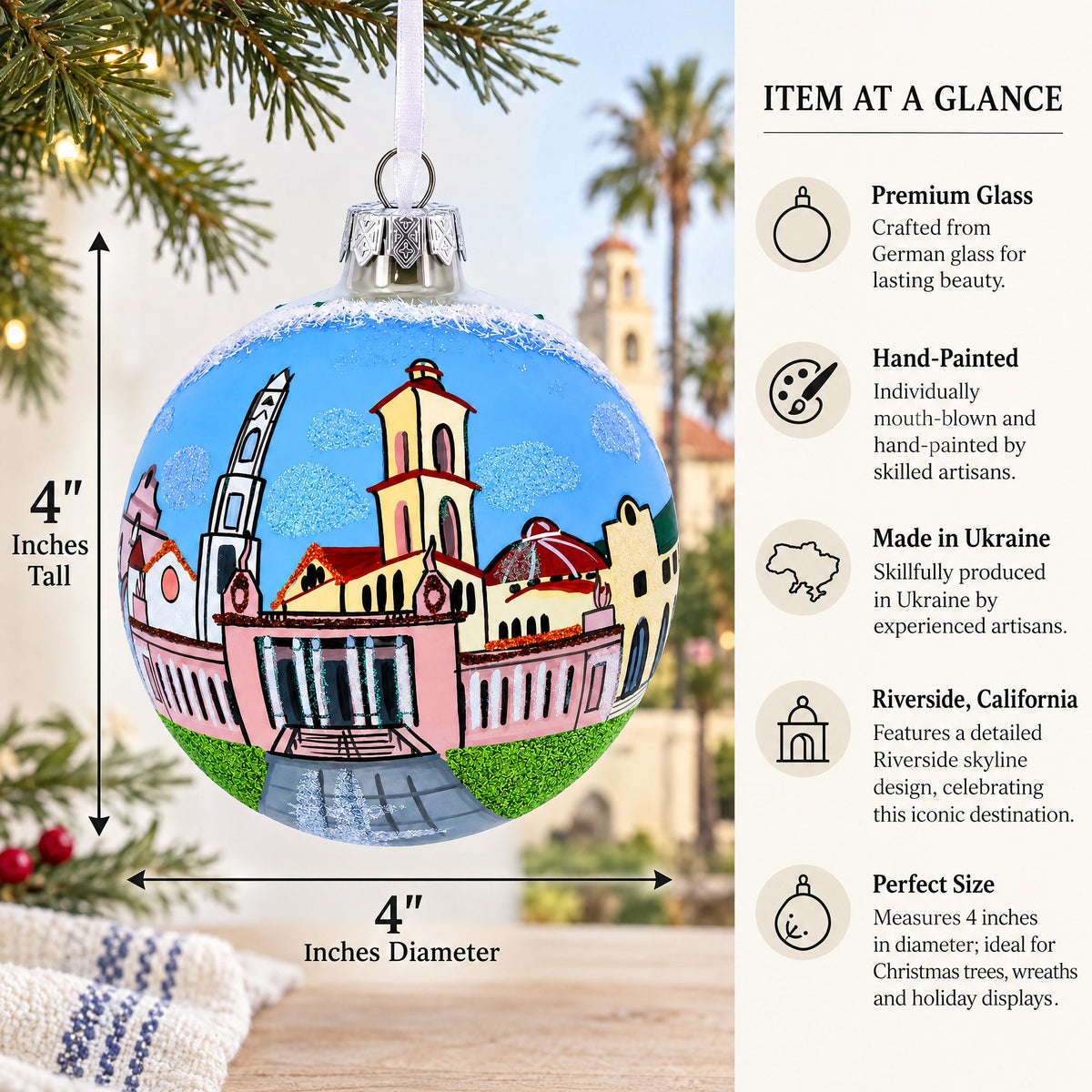 Riverside, California Glass Ball Christmas Ornament 4 Inches