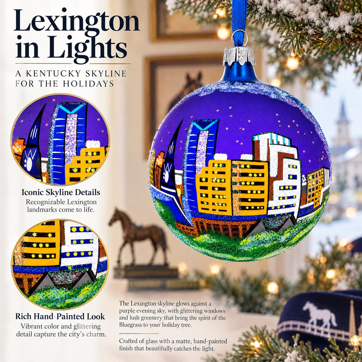Lexington, Kentucky Glass Ball Christmas Ornament 4 Inches