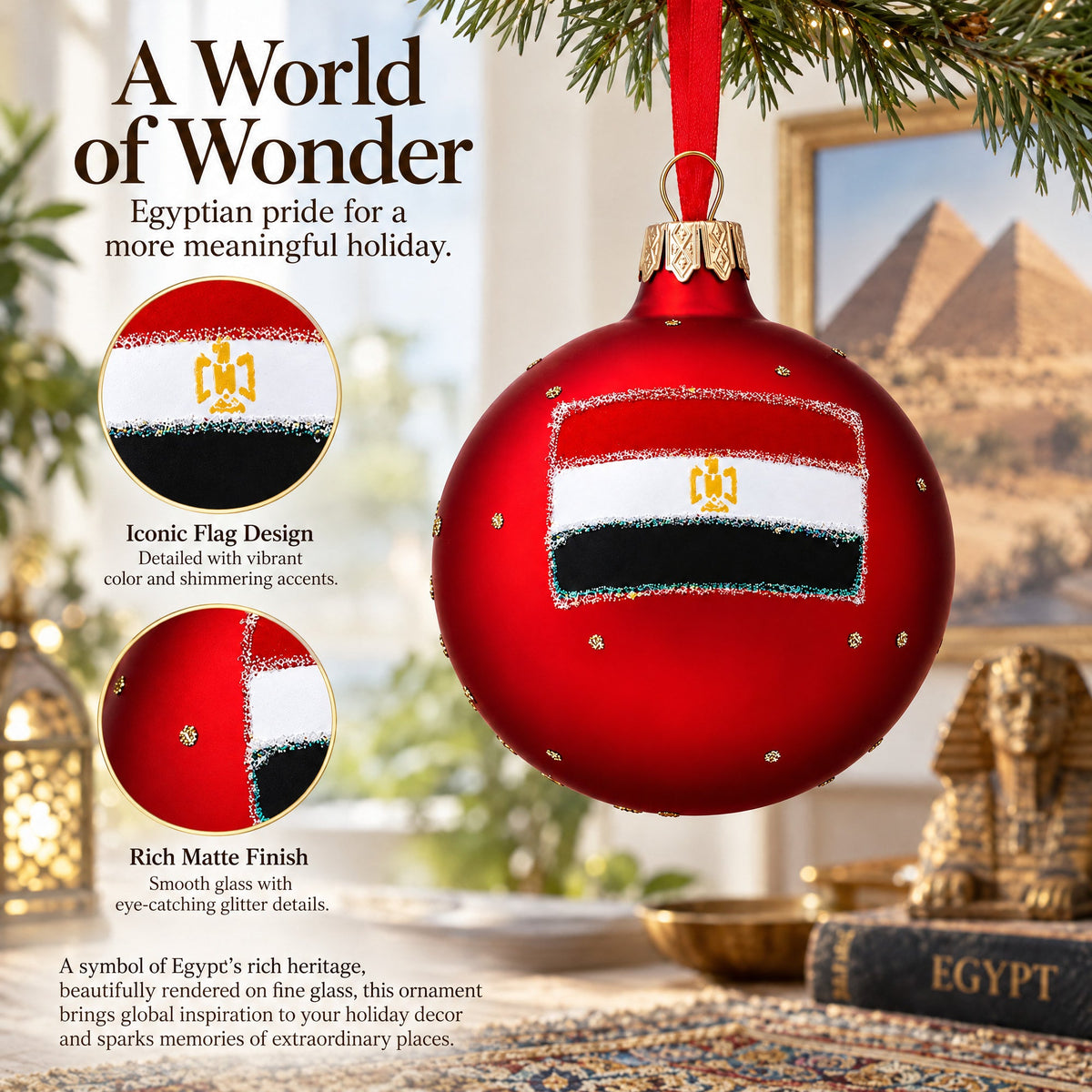 Egyptian Pyramids Glass Ball Christmas Ornament 4 Inches