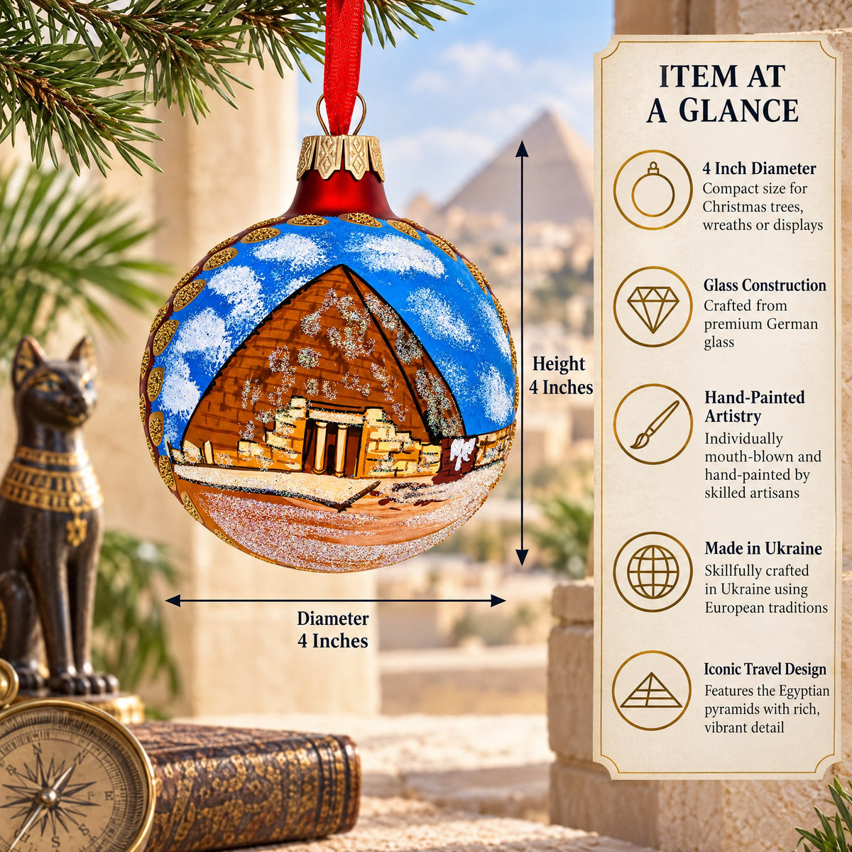 Egyptian Pyramids Glass Ball Christmas Ornament 4 Inches