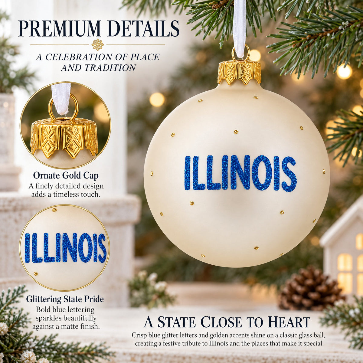 Illinois State, USA Glass Ball Christmas Ornament 4 Inches