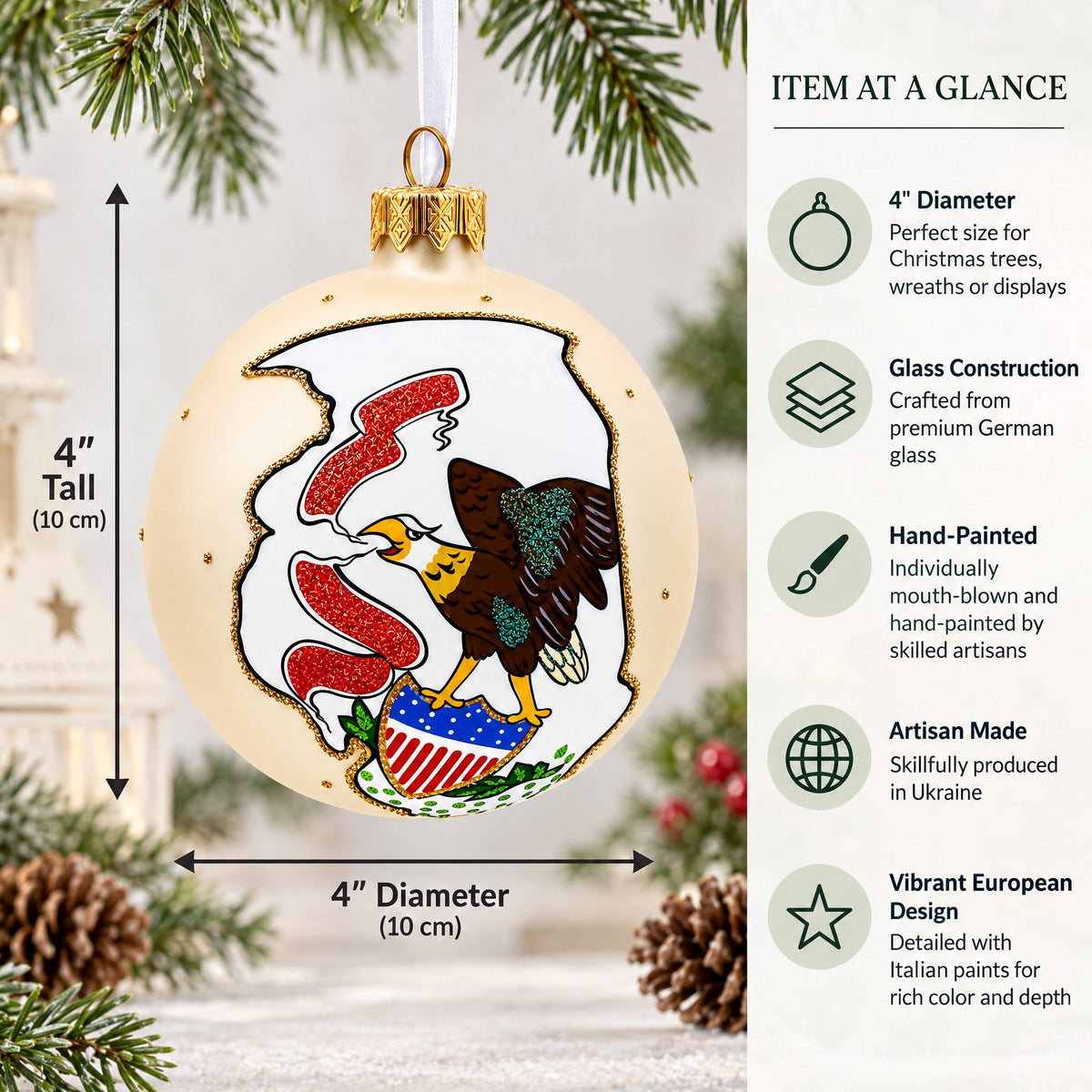 Illinois State, USA Glass Ball Christmas Ornament 4 Inches
