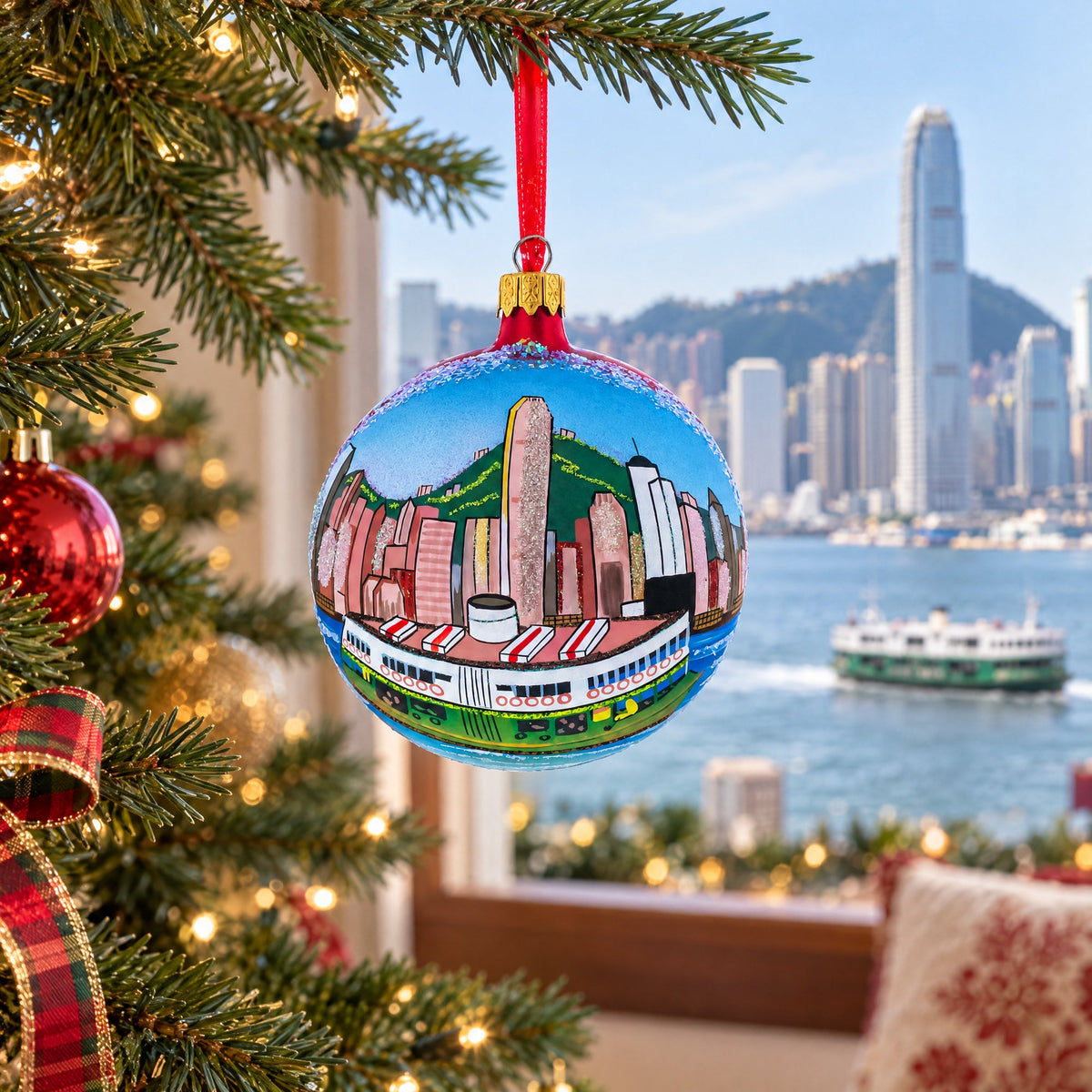 Star Ferry, Hong Kong Glass Ball Christmas Ornament 4 Inches