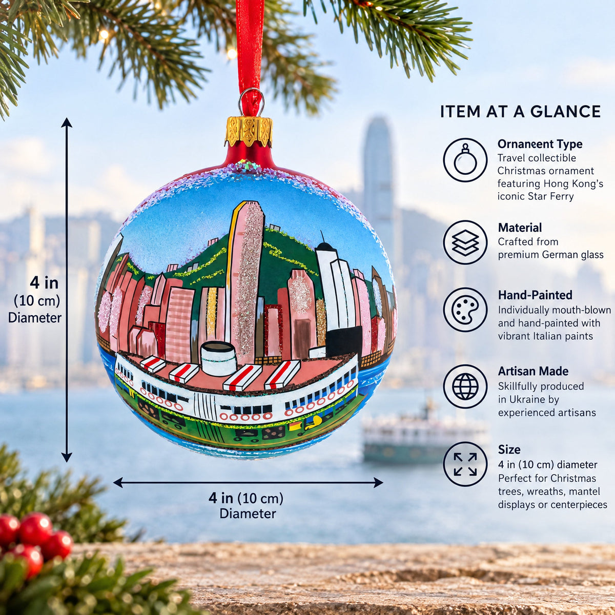 Star Ferry, Hong Kong Glass Ball Christmas Ornament 4 Inches