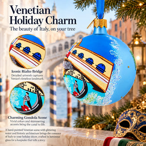 Gondola under The Rialto Bridge, Venice, Italy Glass Ball Christmas Ornament 3.25 Inches