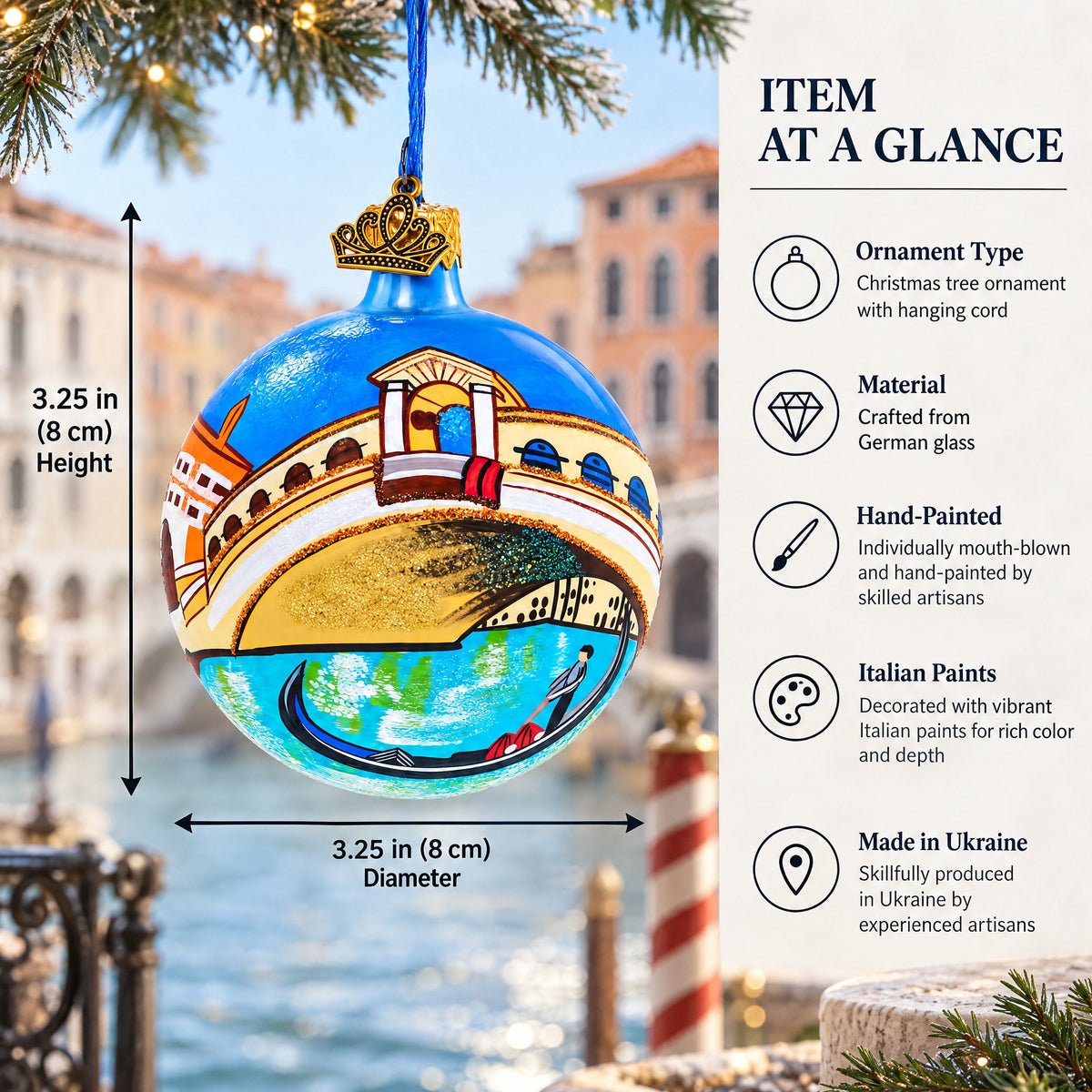 Gondola under The Rialto Bridge, Venice, Italy Glass Ball Christmas Ornament 3.25 Inches
