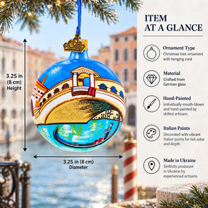 Gondola under The Rialto Bridge, Venice, Italy Glass Ball Christmas Ornament 3.25 Inches