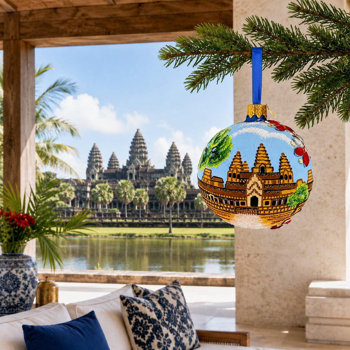 Angkor Wat Temple, Cambodia Glass Ball Christmas Ornament 3.25 Inches