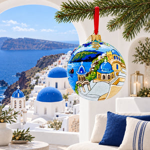 Santorini, Thira Island, Greece Glass Ball Christmas Ornament 4 Inches