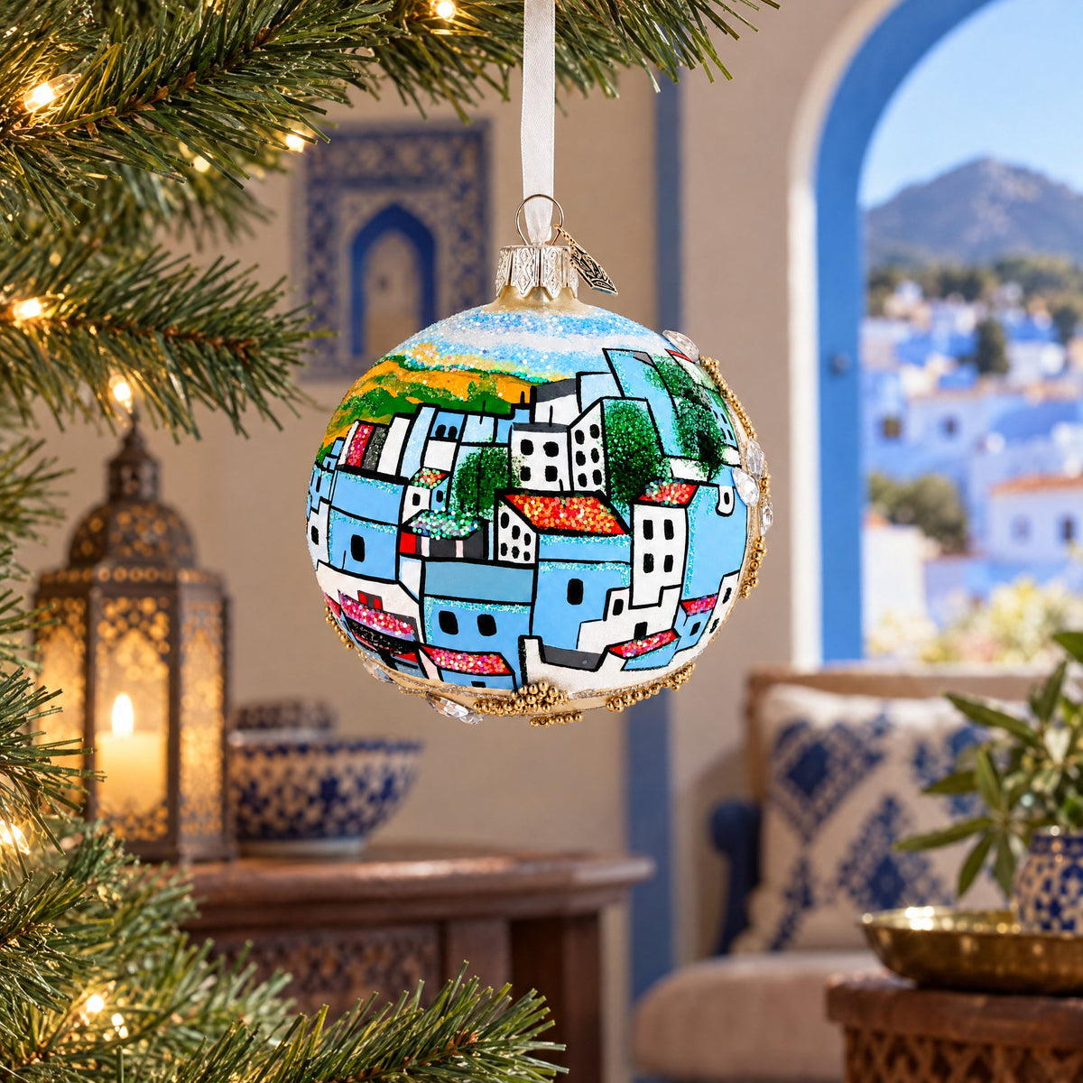 Blue City Chefchaouen, Morocco Glass Ball Christmas Ornament 3.25 Inches