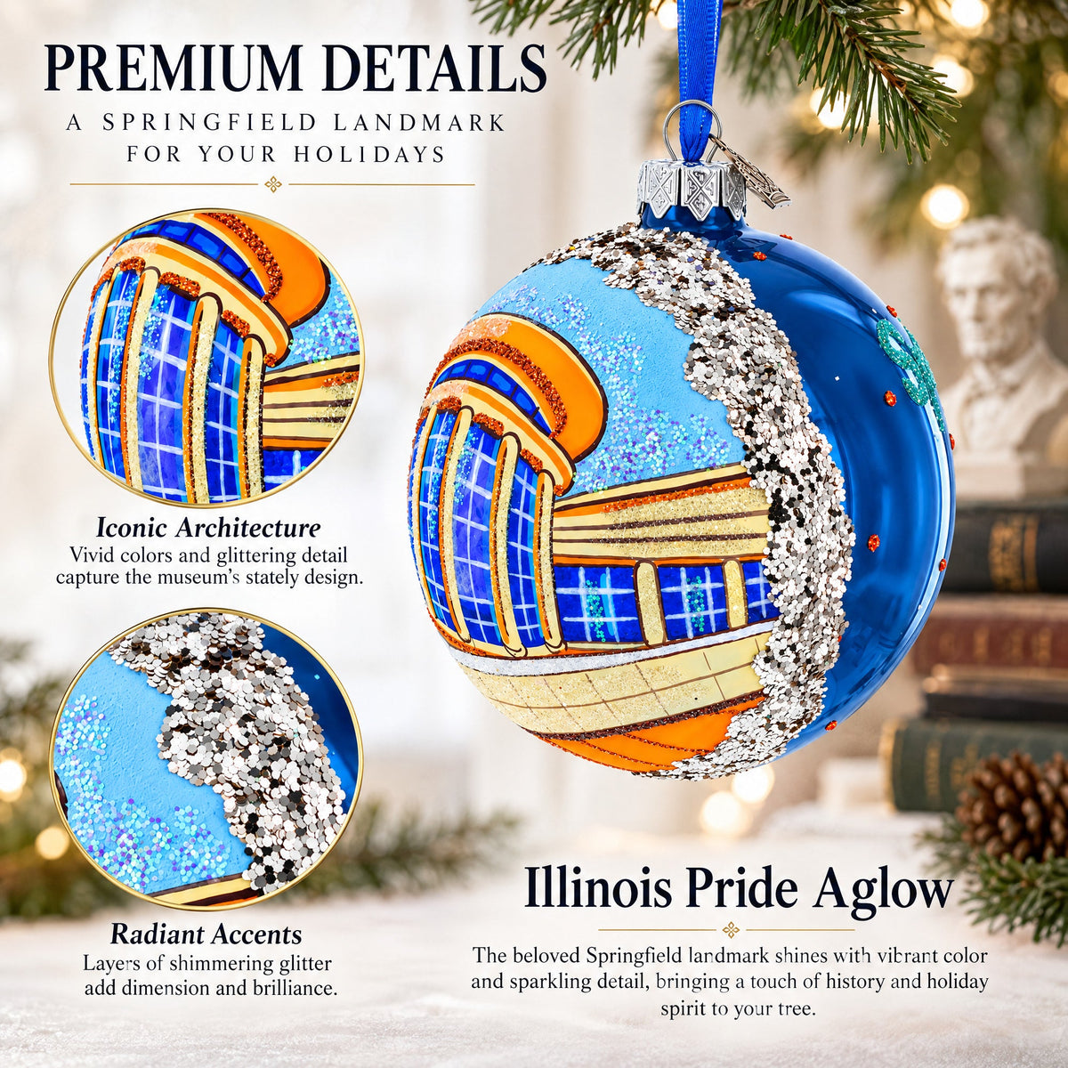 Abraham Lincoln Presidential Library and Museum, Springfield, Illinois Glass Ball Christmas Ornament 4 Inches