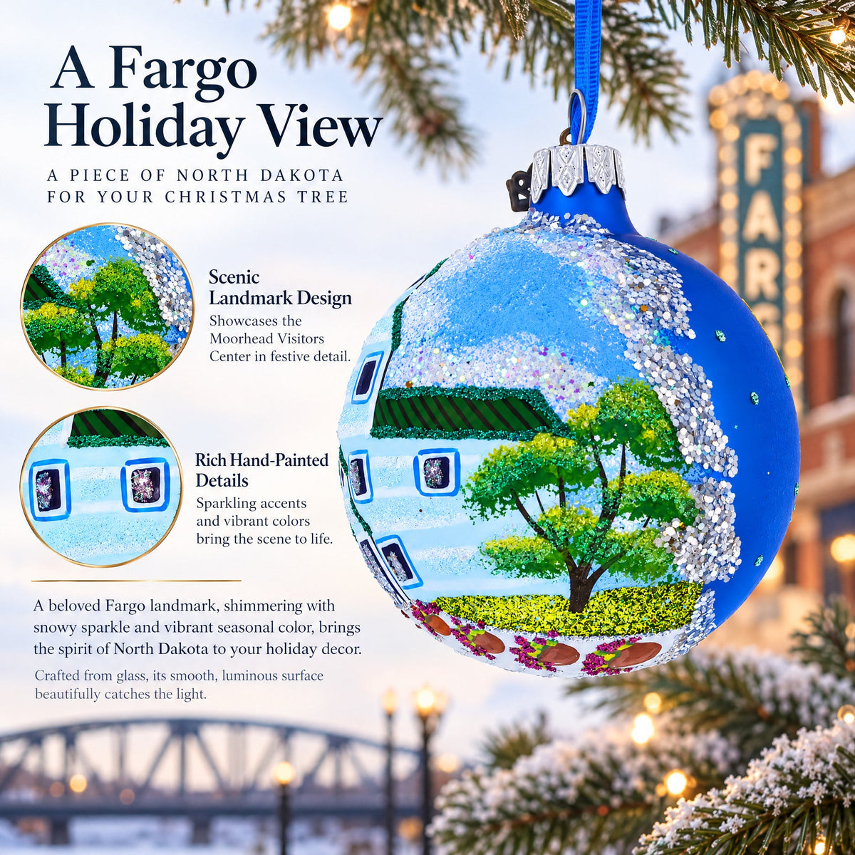 Moorhead Visitors Center, Fargo, North Dakota Glass Ball Christmas Ornament 3.25 Inches