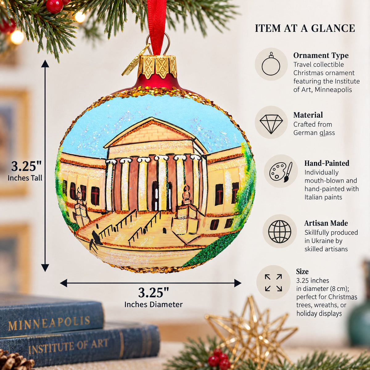 Institute of Art, Minneapolis, Minnesota Glass Ball Christmas Ornament 3.25 Inches
