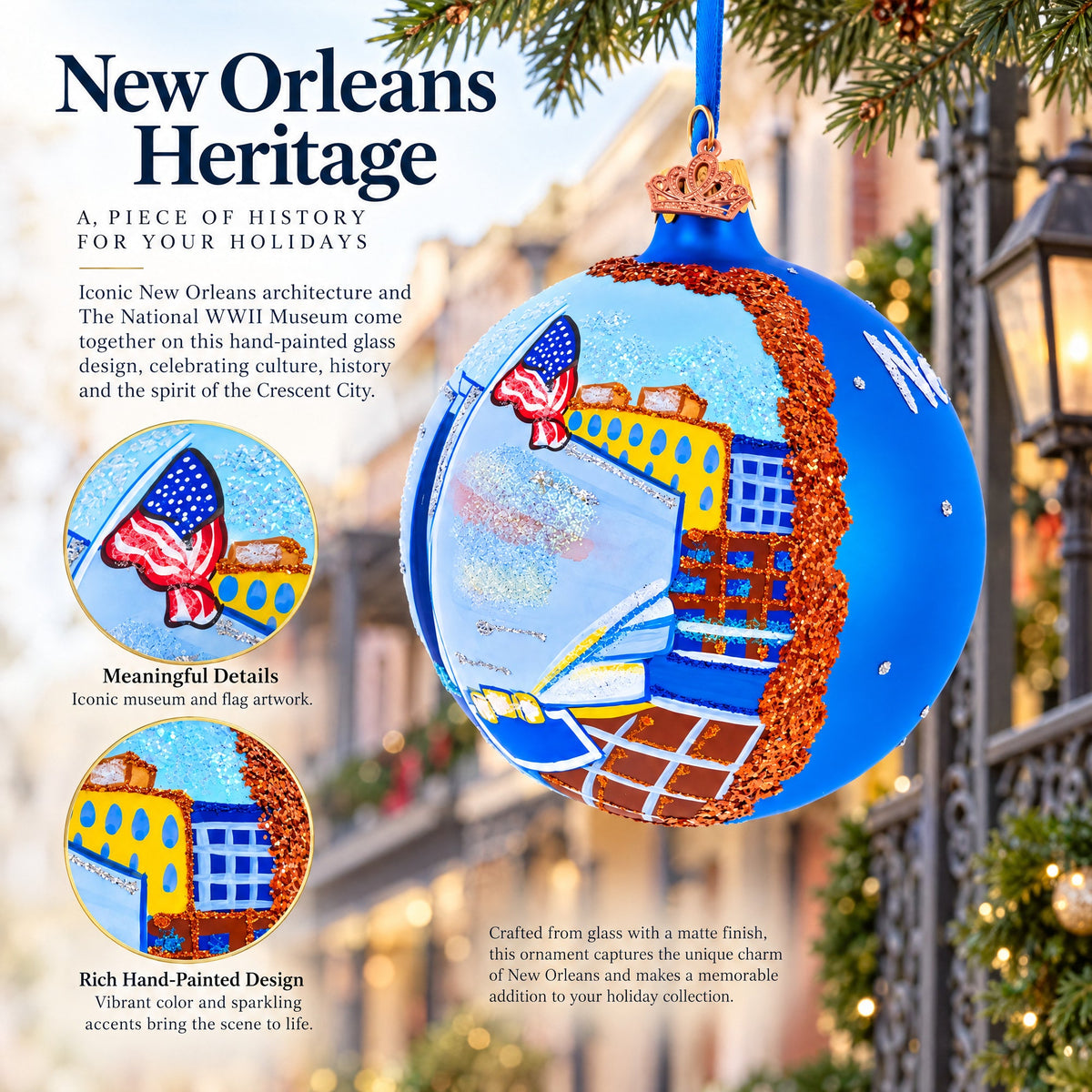 The National WWII Museum, New Orleans, Louisiana Glass Ball Christmas Ornament 4 Inches