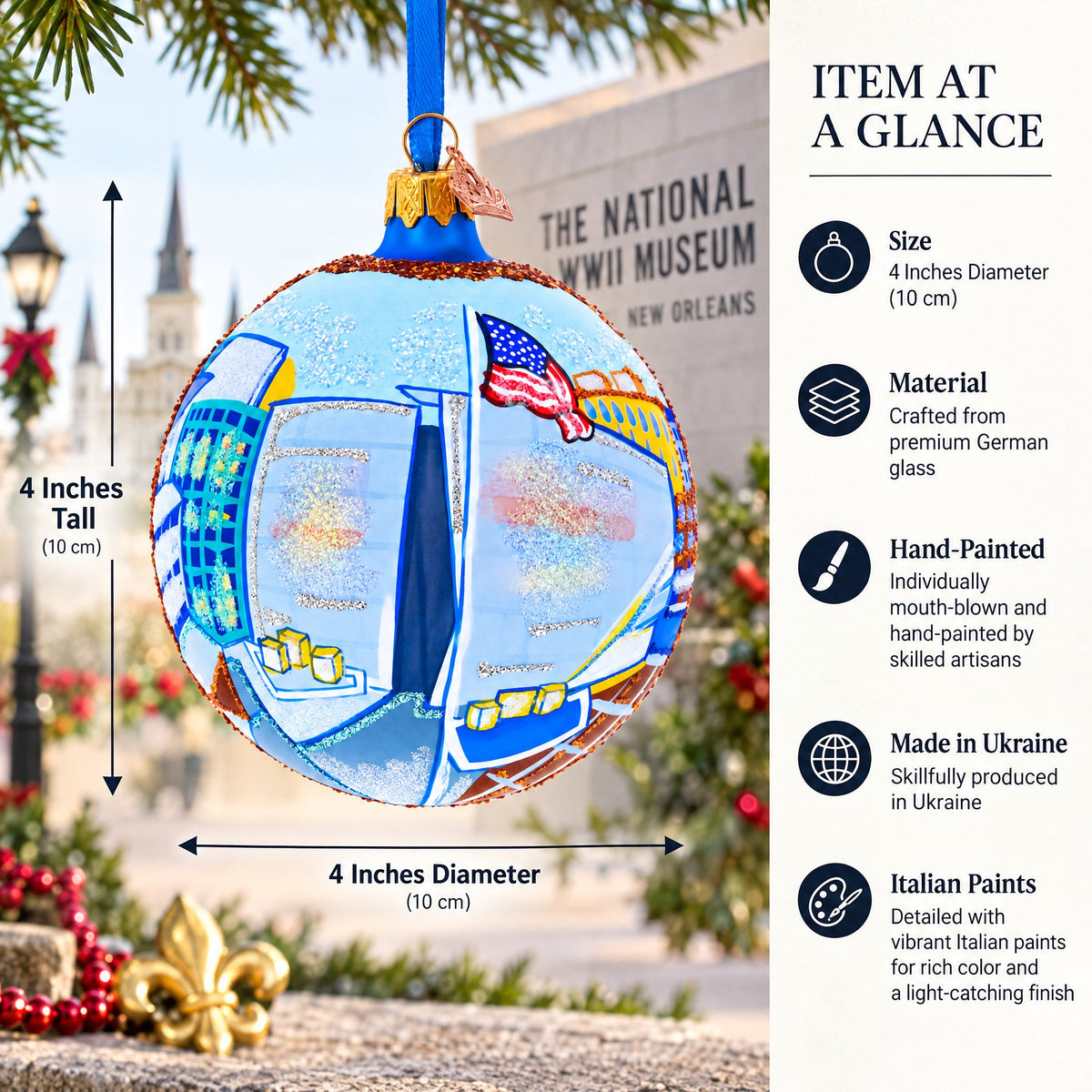 The National WWII Museum, New Orleans, Louisiana Glass Ball Christmas Ornament 4 Inches