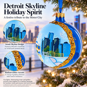 Detroit Riverfront, Detroit, Michigan Glass Ball Christmas Ornament 4 Inches