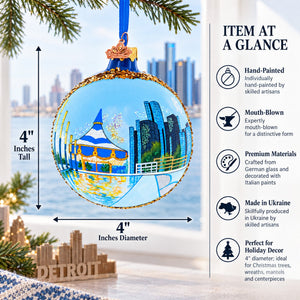 Detroit Riverfront, Detroit, Michigan Glass Ball Christmas Ornament 4 Inches