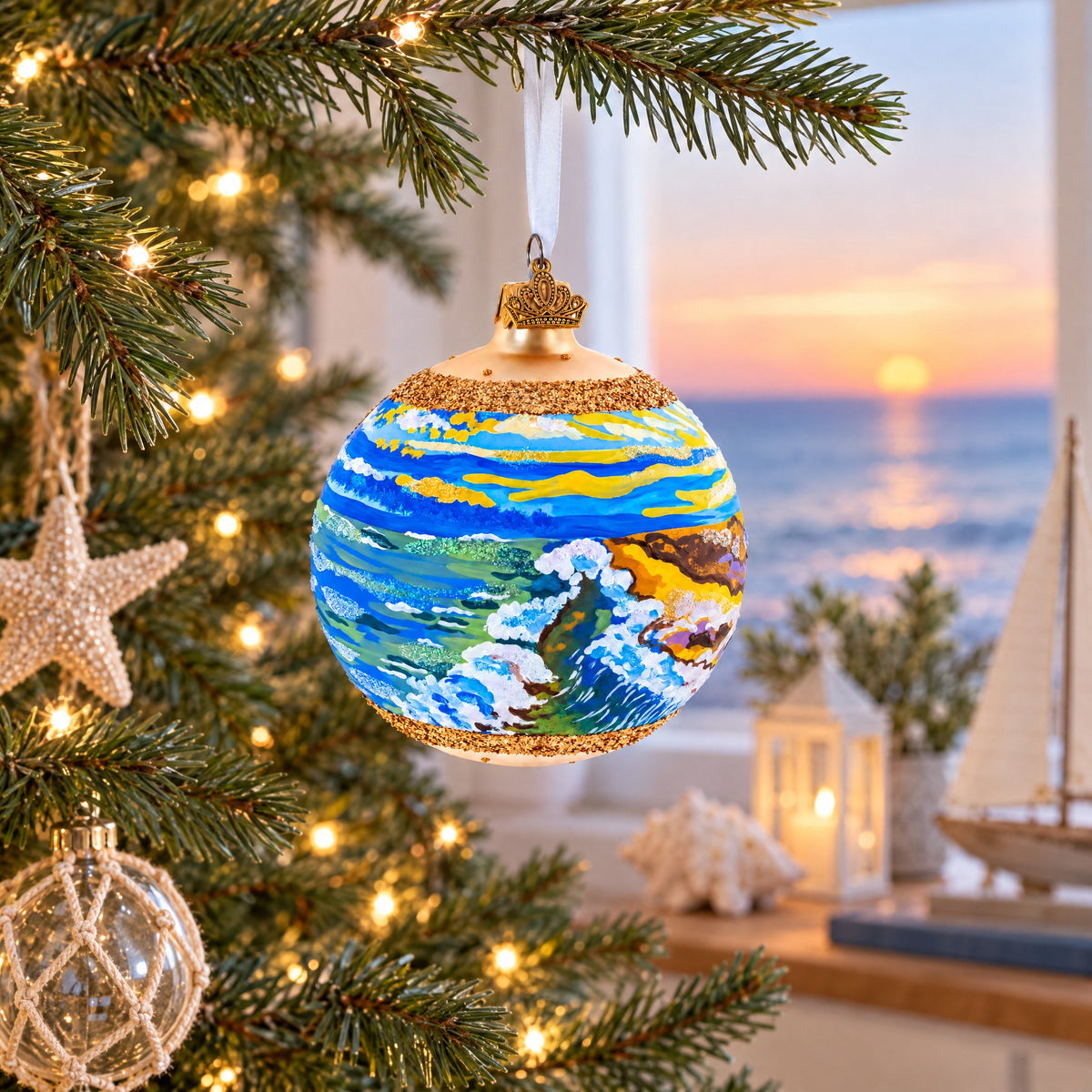 Sunset at the Ocean Painting Glass Ball Christmas Ornament 4 Inches