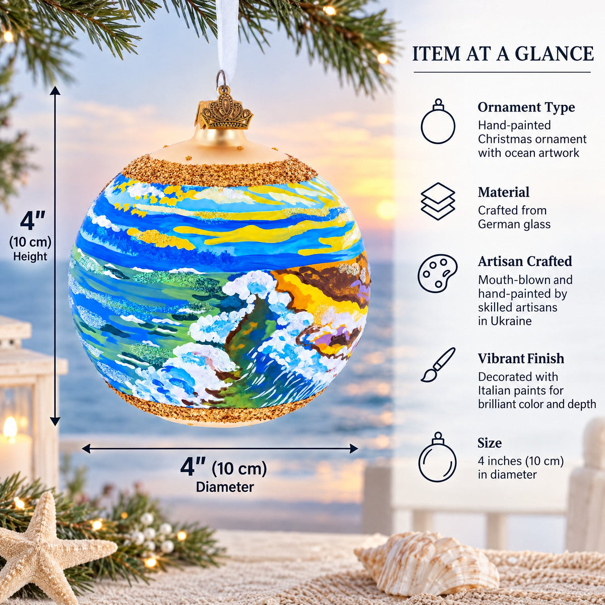 Sunset at the Ocean Painting Glass Ball Christmas Ornament 4 Inches