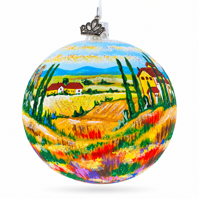 Tuscany, Italy Country Side Painting Glass Ball Christmas Ornament 4 Inches